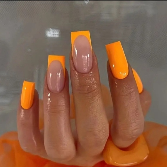 Other - 24pcs Vibrant Glossy Orange French Tip Coffin Nails - Medium Length & Reusable